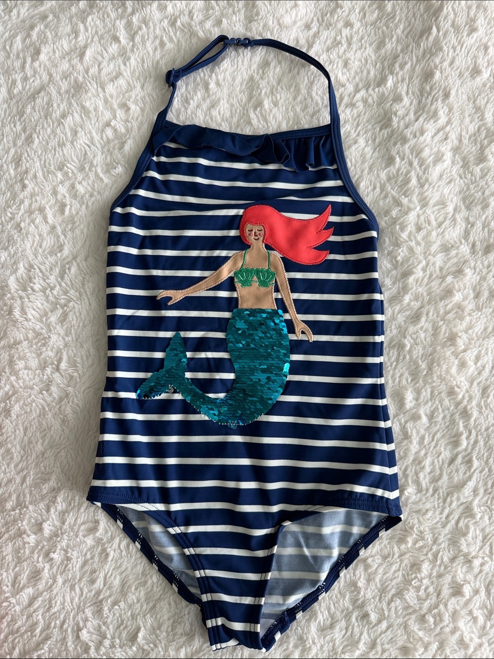 Mini Boden girls size 5-6 blue stripe mermaid flip sequin one piece swimsuit